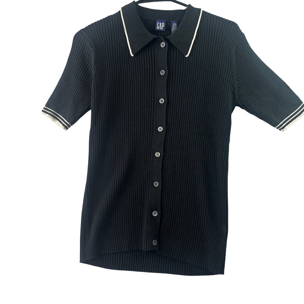 Gap Women’s Ribbed Short Sleeve Polo Top • Black with White Trim • Size L